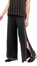 Tracey Wide Leg Milano-knit Pants with Shimmery Side Stripe and a Slit; Black/Black Shimmer