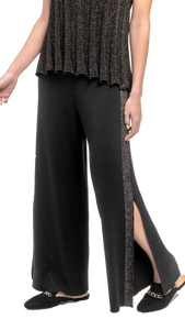 Tracey Wide Leg Milano-knit Pants with Shimmery Side Stripe and a Slit; Black/Black Shimmer