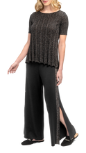 Tracey Wide Leg Milano-knit Pants with Shimmery Side Stripe and a Slit; Black/Black Shimmer