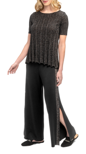 Tracey Wide Leg Milano-knit Pants with Shimmery Side Stripe and a Slit; Black/Black Shimmer