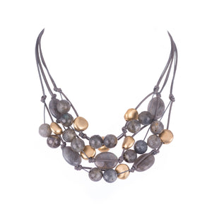 Natural Labradorite And Matte Gold Pebble Bead Gray Leather and Linen Torsade Necklace