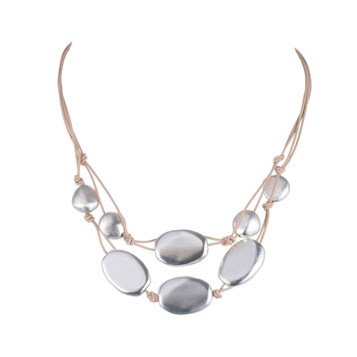 Matte Silver Bead Two Strand Graduated Putty Leather Necklace