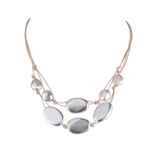 Matte Silver Bead Two Strand Graduated Putty Leather Necklace